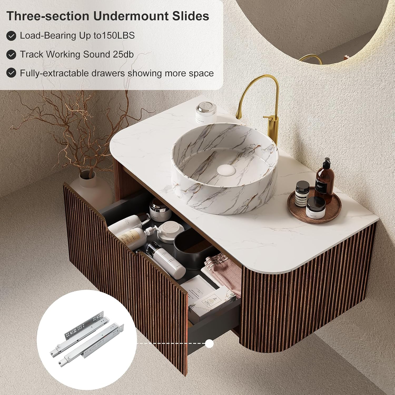 24' Floating Bathroom Vanity with Sink, Modern Wall-Mount Storage Cabinet with Ultra-Thin Ceramic Basin and Marble Top, Large Storage Drawer, Soft-Close Design, Pre-Assembled, Dark Walnut