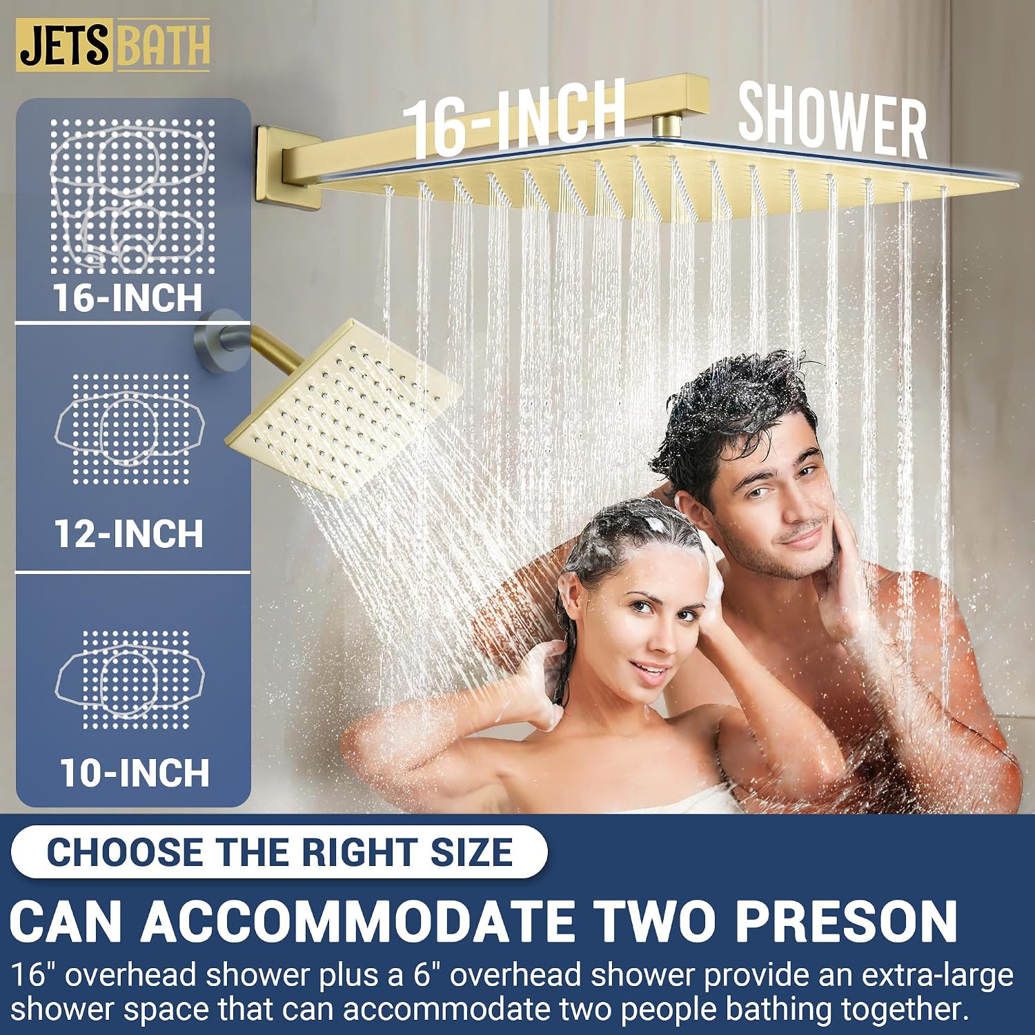 16' Thermostatic Dual Rainfall Head Shower System with Handheld & Valve, 16-Inch Shower Faucet Set with 6-Inch Shower Head, JetsBath Brushed Gold Full Body Shower System for Couples/2-Person
