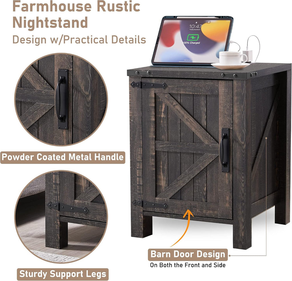 OKD Nightstand with Charging Station, 18 Inch Farmhouse End Table with Barn Door and Adjustable Storage Shelf, Rustic Wood Sofa Side Table w/Magnetic Door for Living Room, Bedroom, Dark Rustic Oak