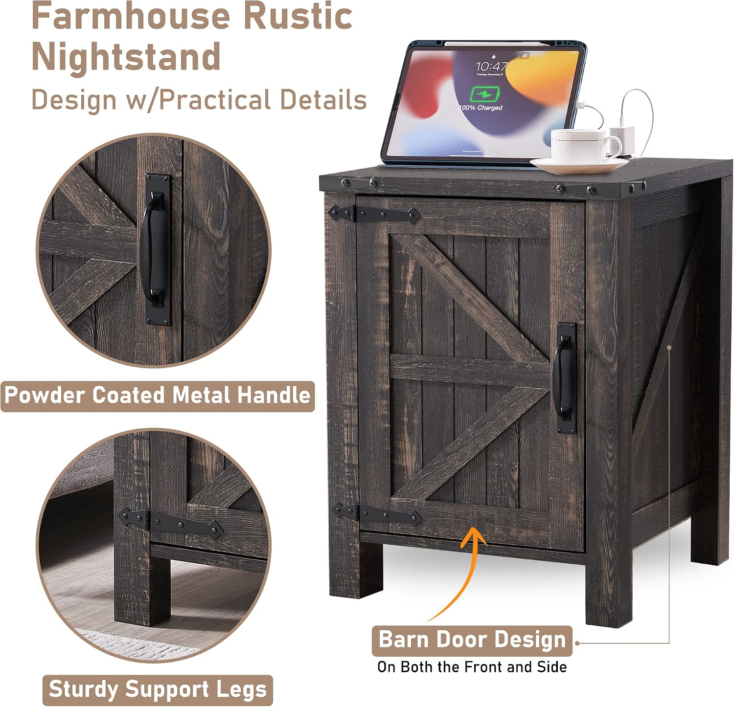 OKD Nightstand with Charging Station, 18 Inch Farmhouse End Table with Barn Door and Adjustable Storage Shelf, Rustic Wood Sofa Side Table w/Magnetic Door for Living Room, Bedroom, Dark Rustic Oak