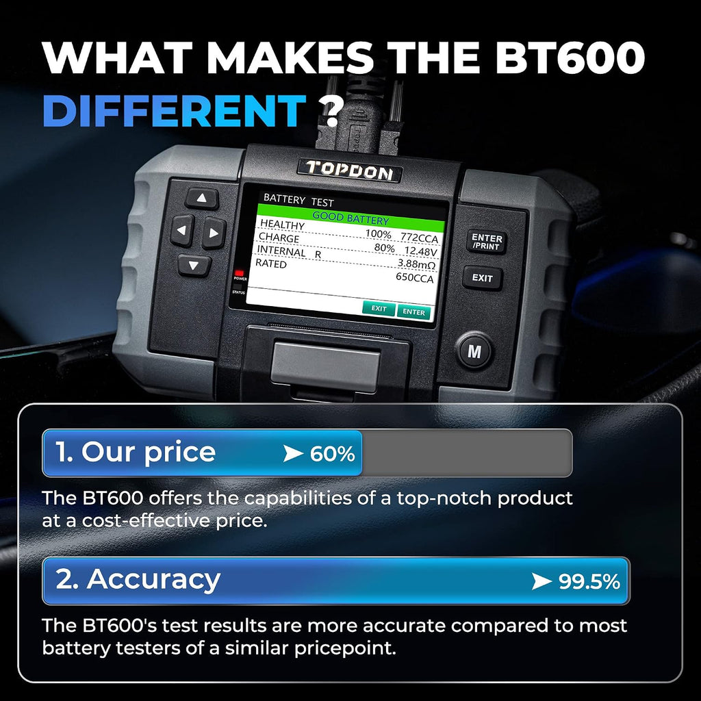 Car Battery Tester, TOPDON BT600 12V, 12V/24V Cranking Tests and Charging Alternator Load 100-2000CCA Digital Battery Voltage Tester, 3.5' Screen with Built-in Printer
