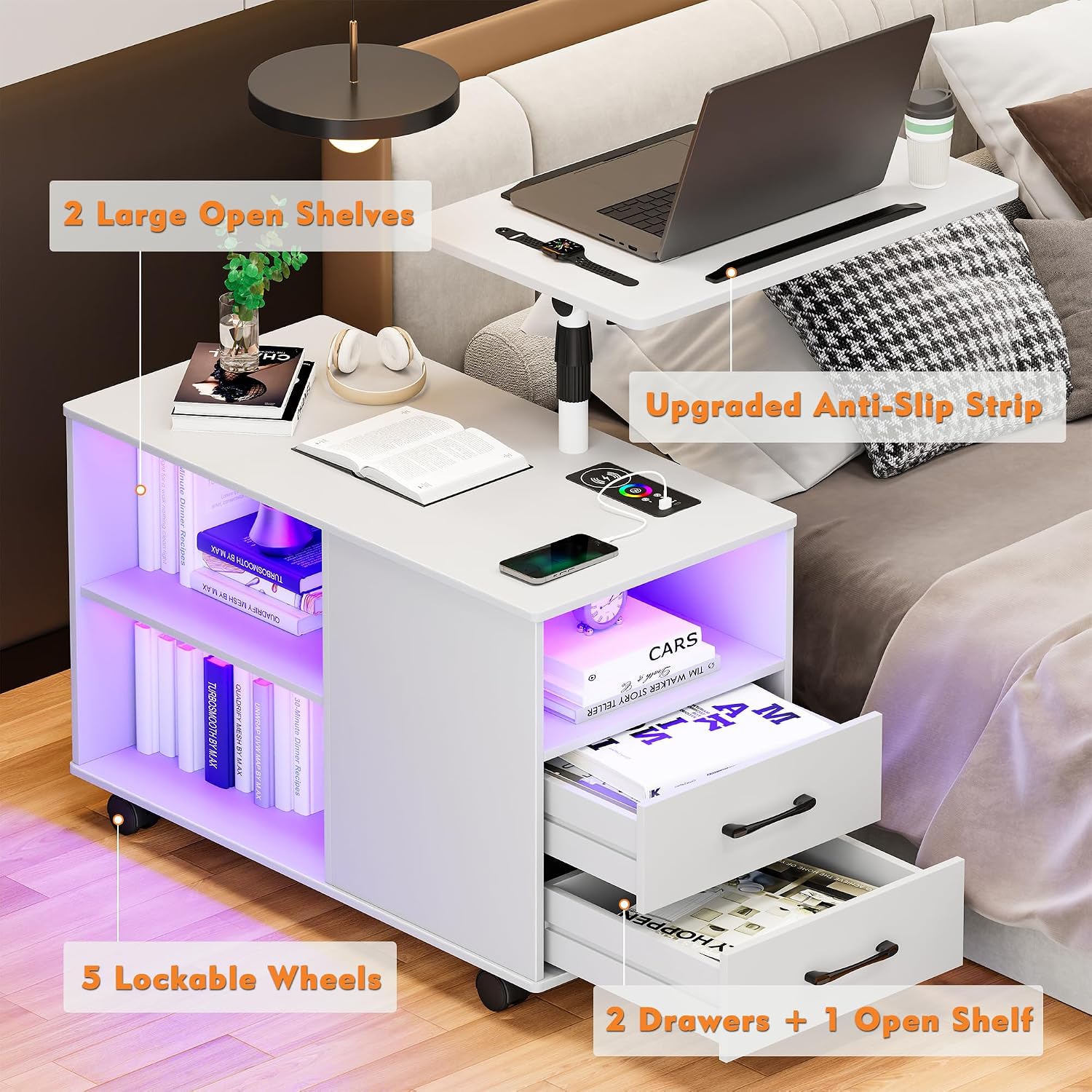 Gurexl 360° LED Nightstand with Wireless Charging Station for Bedroom, Movable Adjustable Bedside Table with Laptop Tray, Auto Sensor End Table with 24 Color Dimmable -White