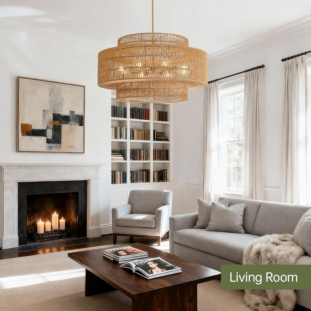 30' Boho Rattan Chandelier Light Fixture, 8-Light Large Hand Woven Pendant Light Fixture Farmhouse Rustic Chandeliers for Dining Room, Kitchen, Bedroom, Living Room, Hallway, Foyer