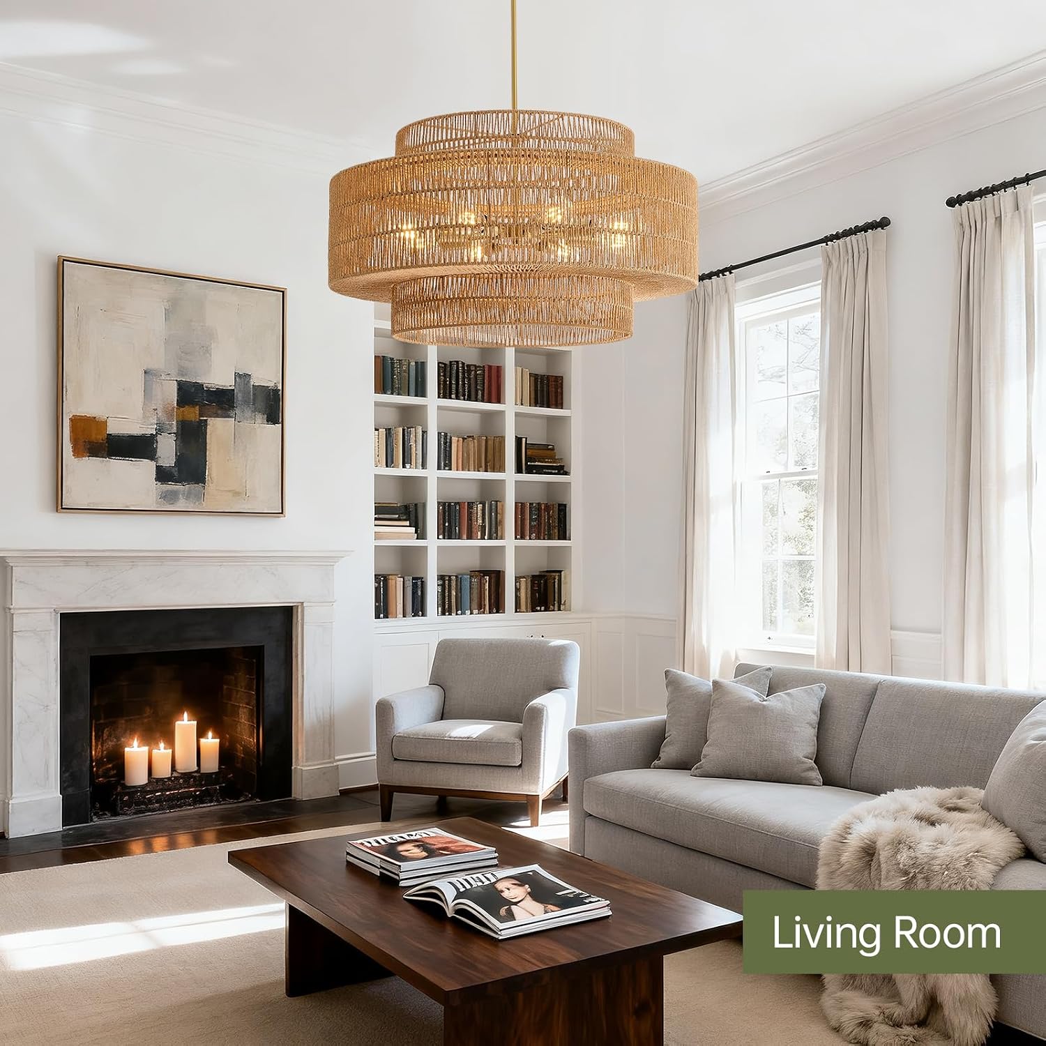 30' Boho Rattan Chandelier Light Fixture, 8-Light Large Hand Woven Pendant Light Fixture Farmhouse Rustic Chandeliers for Dining Room, Kitchen, Bedroom, Living Room, Hallway, Foyer