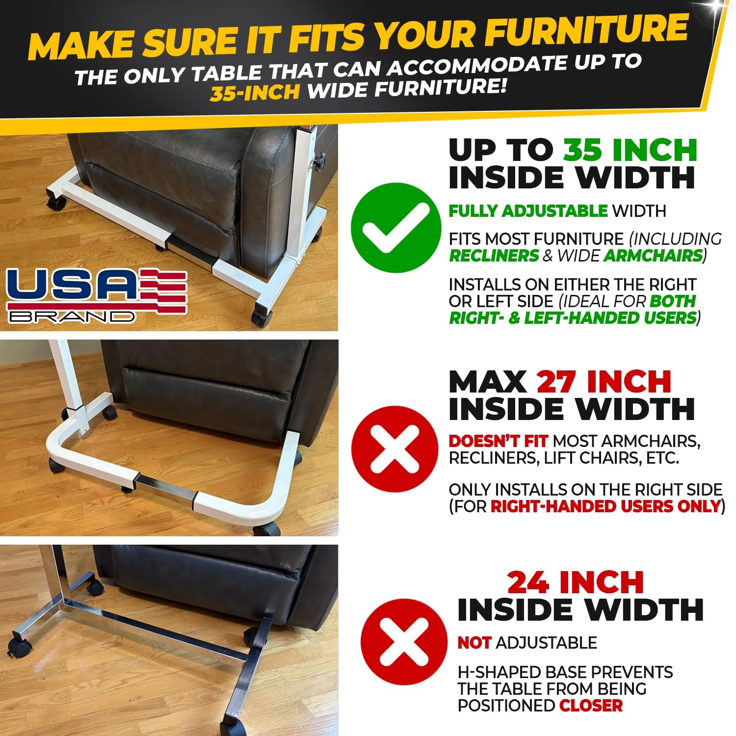 Recliner Table, Over the Bed Table with Wheels, Adjustable Width & Height, with Split Tilt Design & 4 Caster Wheels with Brakes (Rustic Oak Tabletop, White Base)