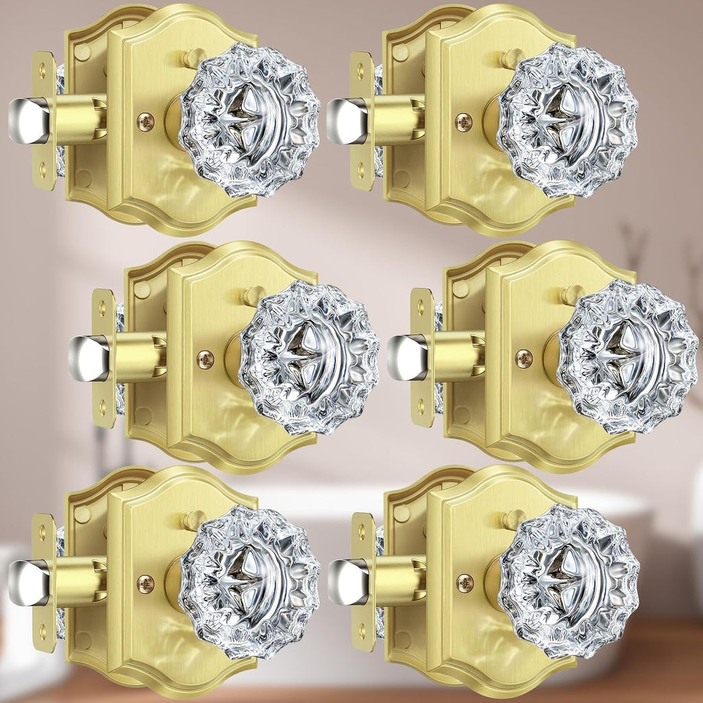 6 Pack Glass Door Knobs Interior with Lock, Gold Crystal Door Knobs Interior for Privacy Use, Glass Door Knobs for Bedroom Bathroom, Vintage Crystal Door Knob Set