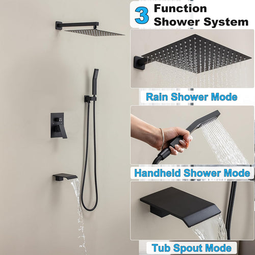 12 Inch Shower Faucet Set with Tub Spout Bathroom Shower System with 12 Inch Rain Shower head and Handheld Shower Head Set, Matte Black