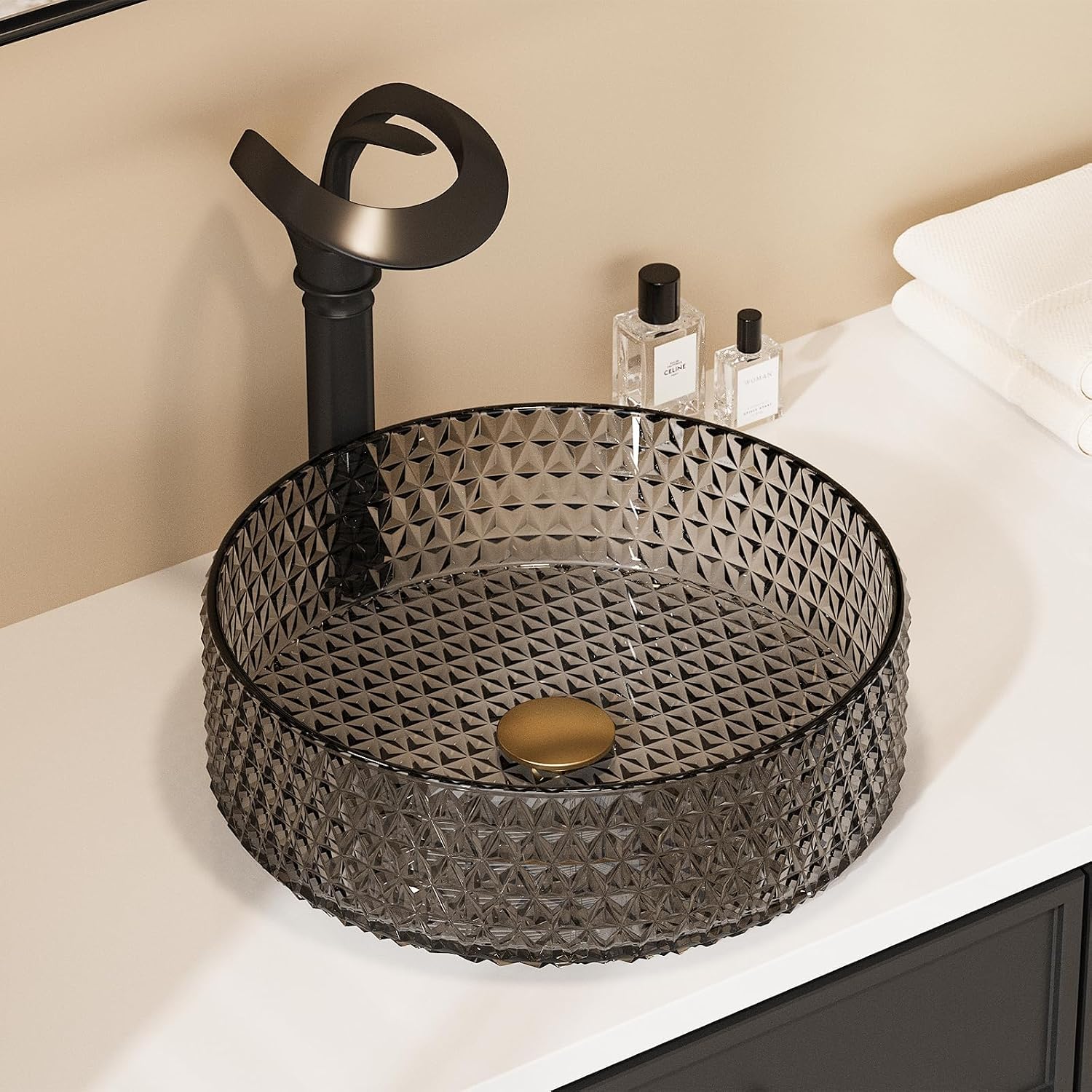 Homary Bathroom Vessel Sink Round Vessel Sink 15.35' x 4.33' Transparent Diamond Shaped Crystal Glass Bathroom Sink Above Counter with Pop-up Drain, Pack of 2, Black