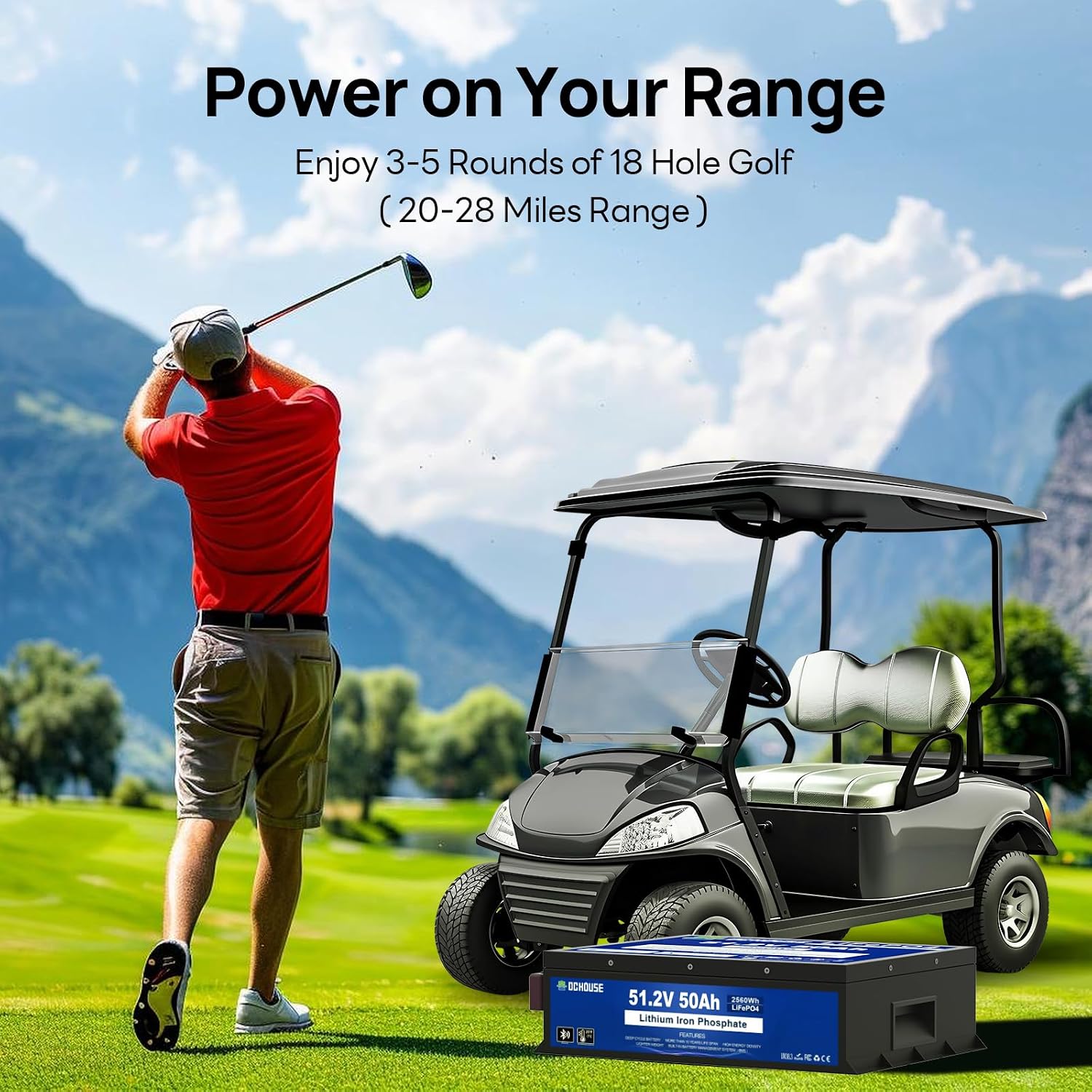 DC HOUSE 48V 50Ah Mini Golf Cart Battery with 18A Battery Charger, Bluetooth Mobile APP &Touch LCD Monitor, Low Temp Cut-Off, 2C-100A BMS, Peak Current 200A for Ryobi Mowers, Golf Carts