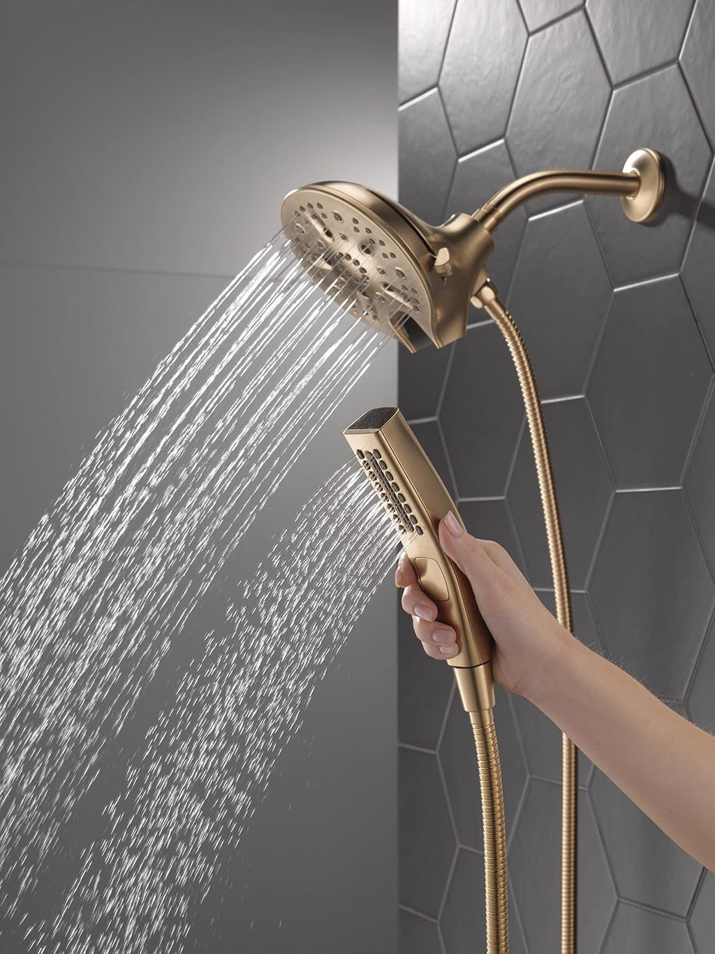 Delta Faucet 5-Spray In2ition 2-in-1 Dual Hand Held Shower Head with Hose, H2Okinetic Handheld Shower Head with Magnetic Docking, Gold Handheld Shower Heads, Lumicoat Champagne Bronze 58620-CZ-PR-PK