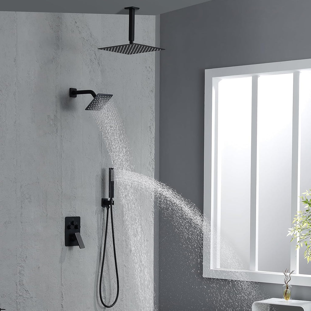 Shower Faucet Set, Matte Black Shower System with Rain Shower and Handheld Bathroom Rainfall Ceiling 12 Inch Shower Set with Valve