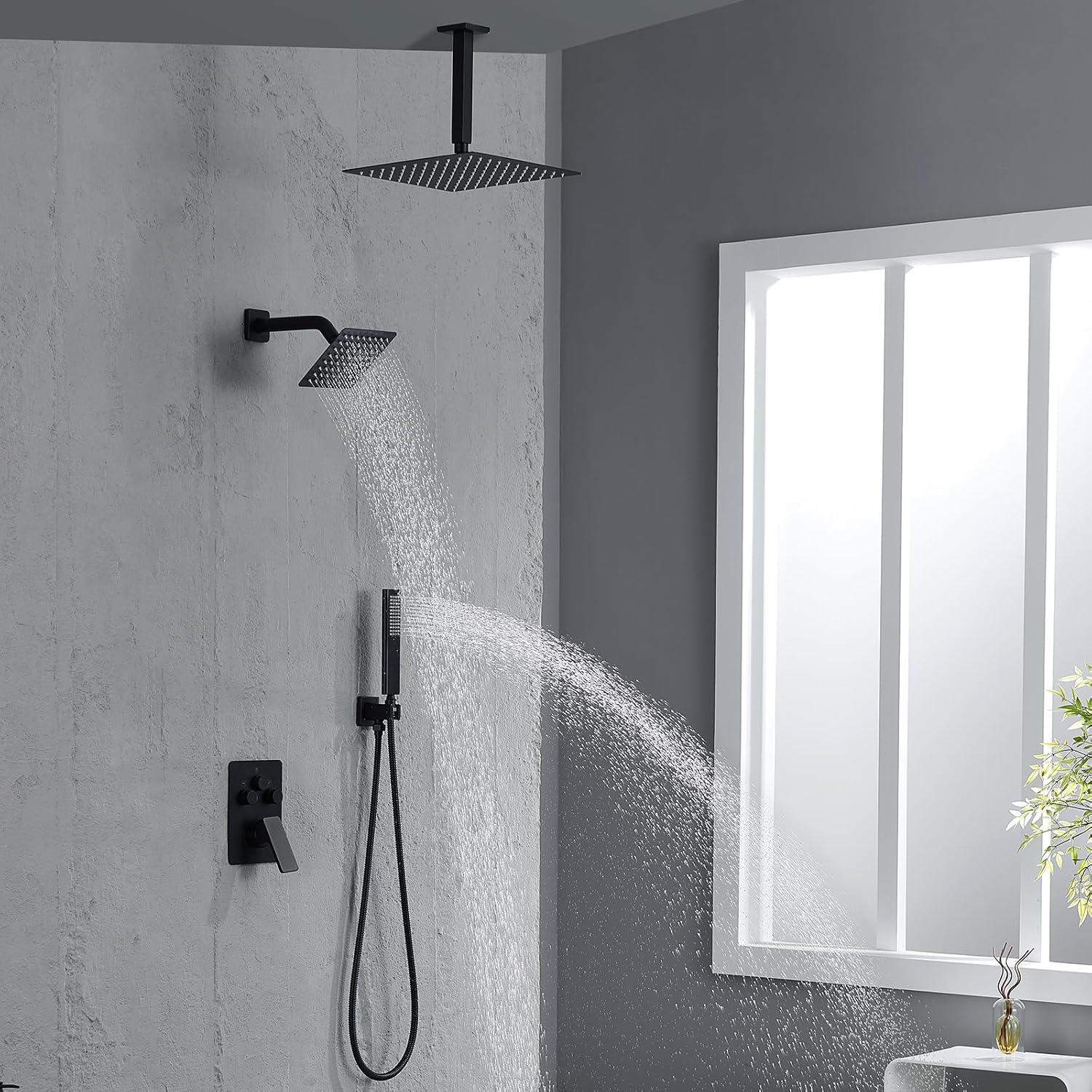 Shower Faucet Set, Matte Black Shower System with Rain Shower and Handheld Bathroom Rainfall Ceiling 12 Inch Shower Set with Valve
