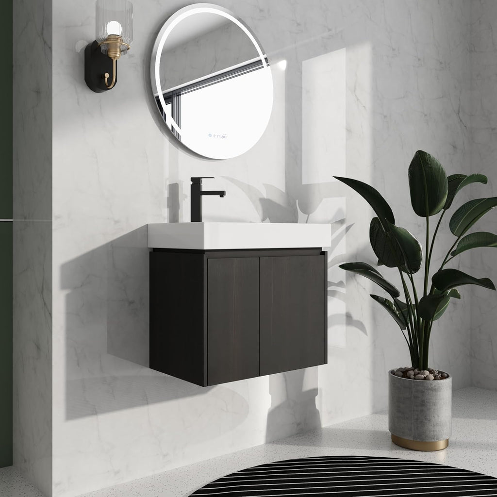 24 Inch Floating Bathroom Vanity,Bathroom Vanity with Sink,Small Bathroom Sink Cabinet with Ceramic Basin,Solid Wood Frame,Black Floating Vanity Bathroom,Wall Mounted Modern Vanity