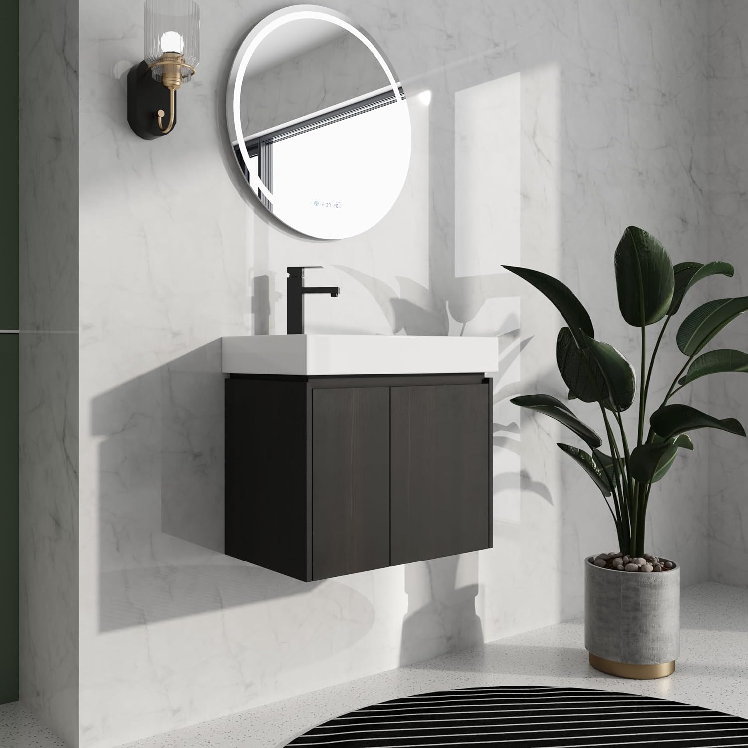 24 Inch Floating Bathroom Vanity,Bathroom Vanity with Sink,Small Bathroom Sink Cabinet with Ceramic Basin,Solid Wood Frame,Black Floating Vanity Bathroom,Wall Mounted Modern Vanity