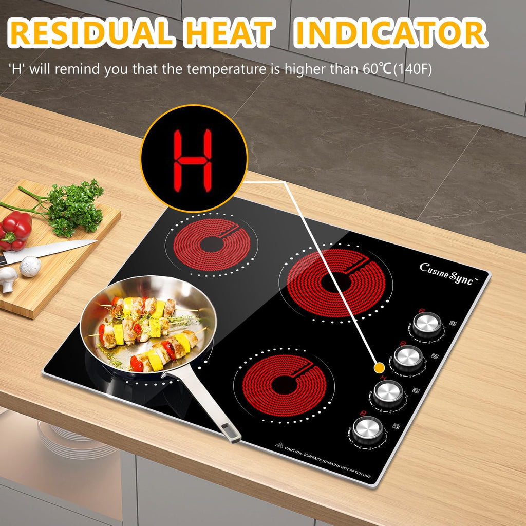 24 Inch Electric Cooktop, 4 Burner Ceramic Stove with 9 Power Levels, Knob Control, Auto shutdown and Residual Heat Warning, 6000W, 220-240V for Hard Wire