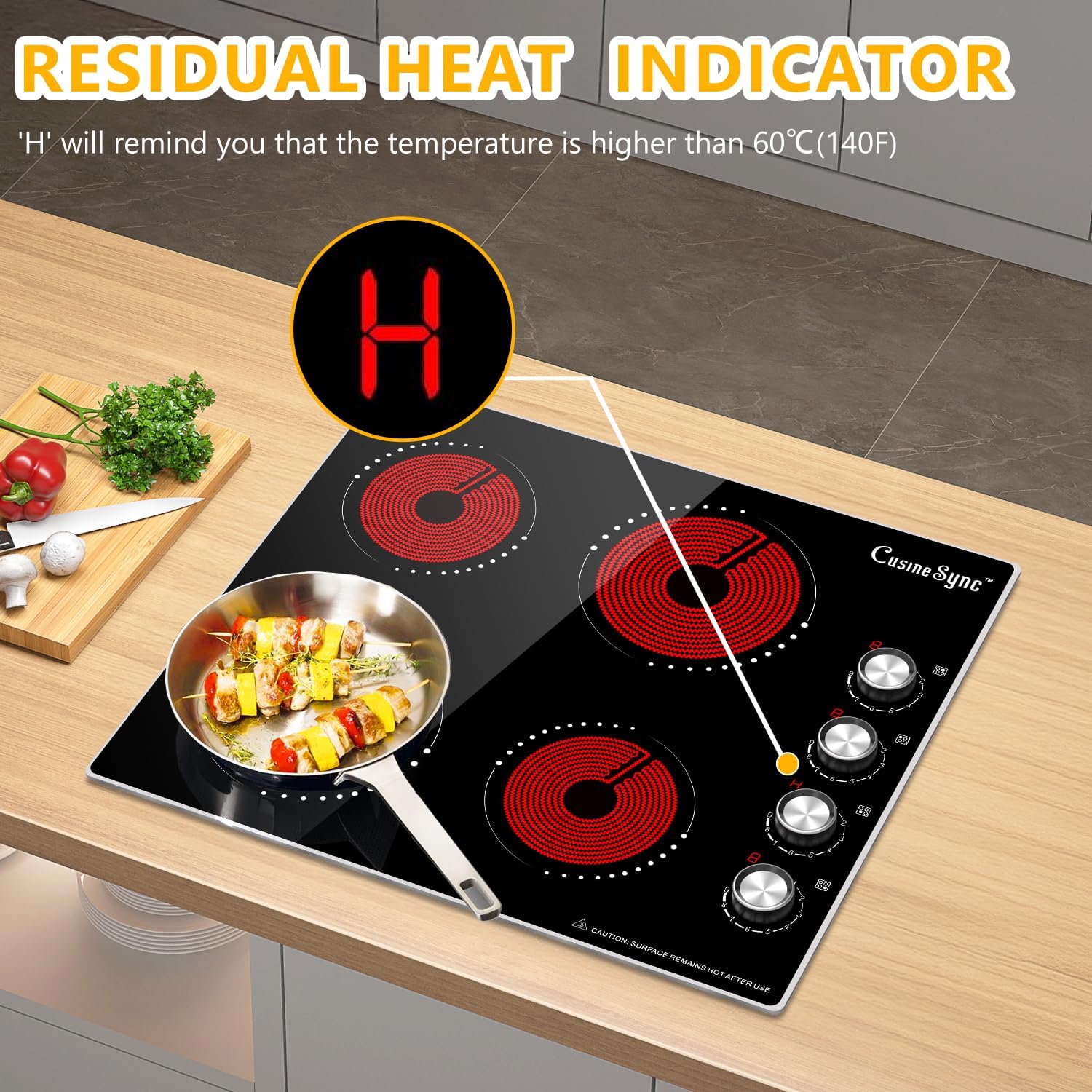 24 Inch Electric Cooktop, 4 Burner Ceramic Stove with 9 Power Levels, Knob Control, Auto shutdown and Residual Heat Warning, 6000W, 220-240V for Hard Wire