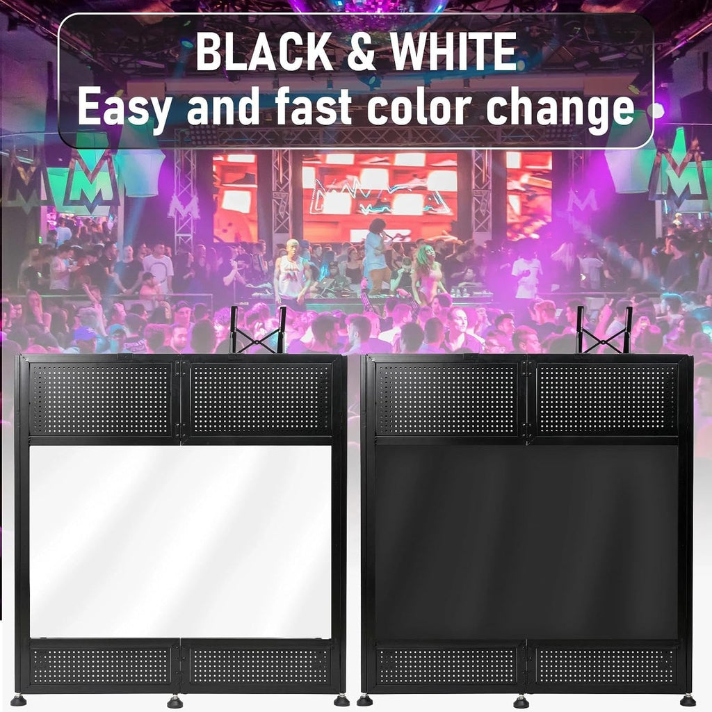 Portable DJ Booth Table, 41'L x 20'W DJ Table Stand Portable Booth Double Deck, Adjustable DJ Facade Station with White & Black Scrim, Foldable Metal Frame DJ Booth Panel for Parties, Wedding, Bars