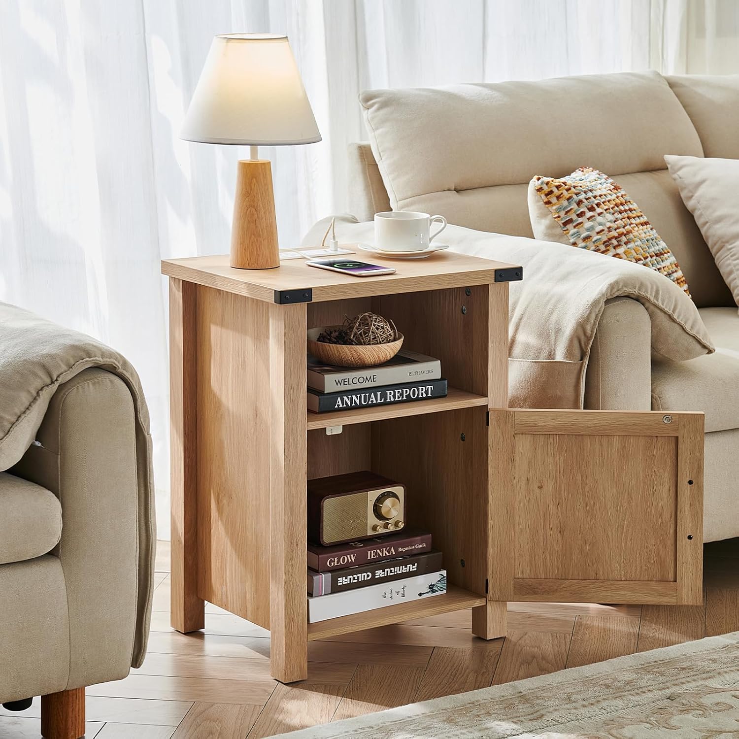 Joaxswe Boho Fluted Nightstand Set of 2 for Bedroom, 18' Rustic Night Stand with Charging Station, Modern Accent Bedside Tables with Open Storage Shelf & Door, Wooden End Table for Home, Natural Oak