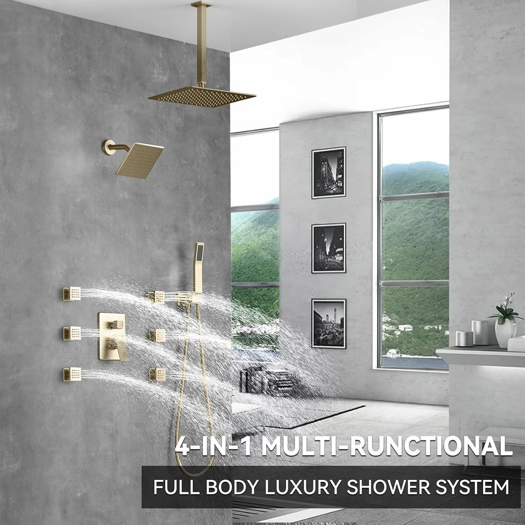 Shower System Brushed Gold Dual Shower Head with Body Jets, Oupukle Four Modes Shower Faucet Set Ceiling Mount 12' Rain Shower Head & 6' Wall Mounted Head with 6PCS Body Jets