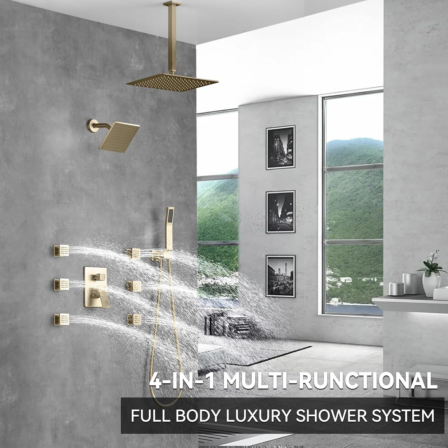 Shower System Brushed Gold Dual Shower Head with Body Jets, Oupukle Four Modes Shower Faucet Set Ceiling Mount 12' Rain Shower Head & 6' Wall Mounted Head with 6PCS Body Jets