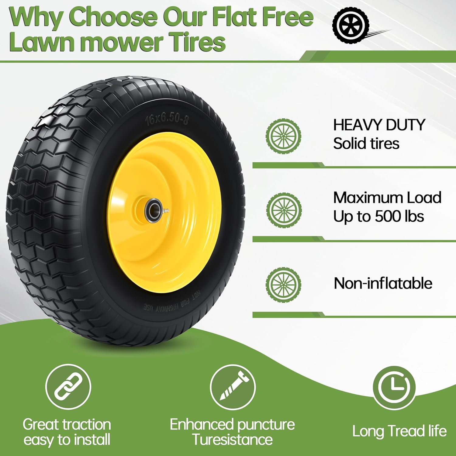 2 PCS 16x6.50-8 Flat Free Riding Lawn Mower Tire and Wheel with 1' Bushing, 3/4'Bearing，3-5'Offset Hub, Relacement 16x6.5-8 Solid Turf Tire with Rim for Lawn Mowers and Garden Tractor Front Assembly