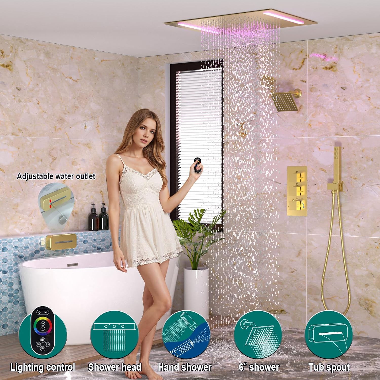 Brushed Gold Dual Heads Shower Faucets Set Thermostatic Shower System, 4-Way Luxury Shower Fixture 14X20' LED Rainfall Shower Head with 6inch Wall Showerhead, Waterfall Tub Spout, Dual-mode Handheld