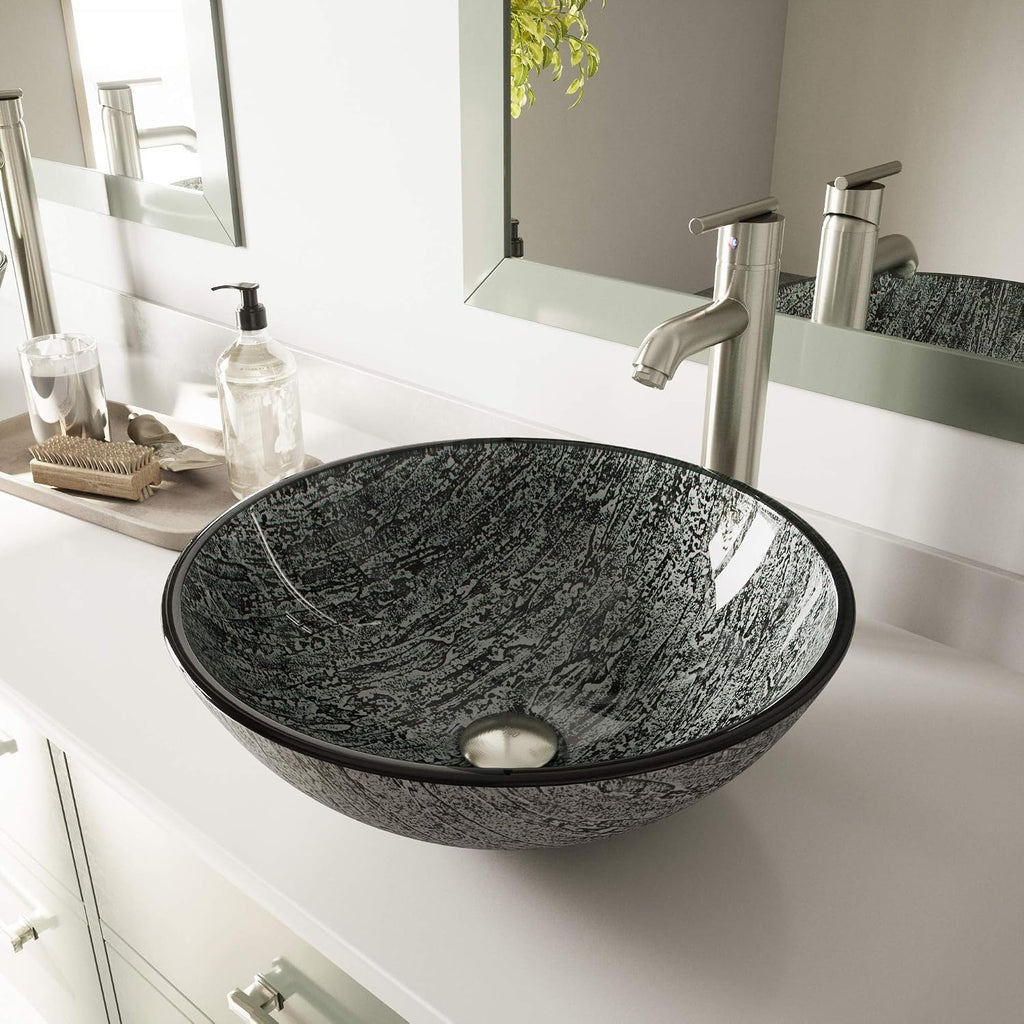 Vigo Vessel Sink Slate Grey - 17' Artistic Round Bowl Sink for Bathrooms, Tempered Glass Above Counter Bathroom Sink with NonStickShield, QuickDrain & TempGuard, Modern Luxury Design