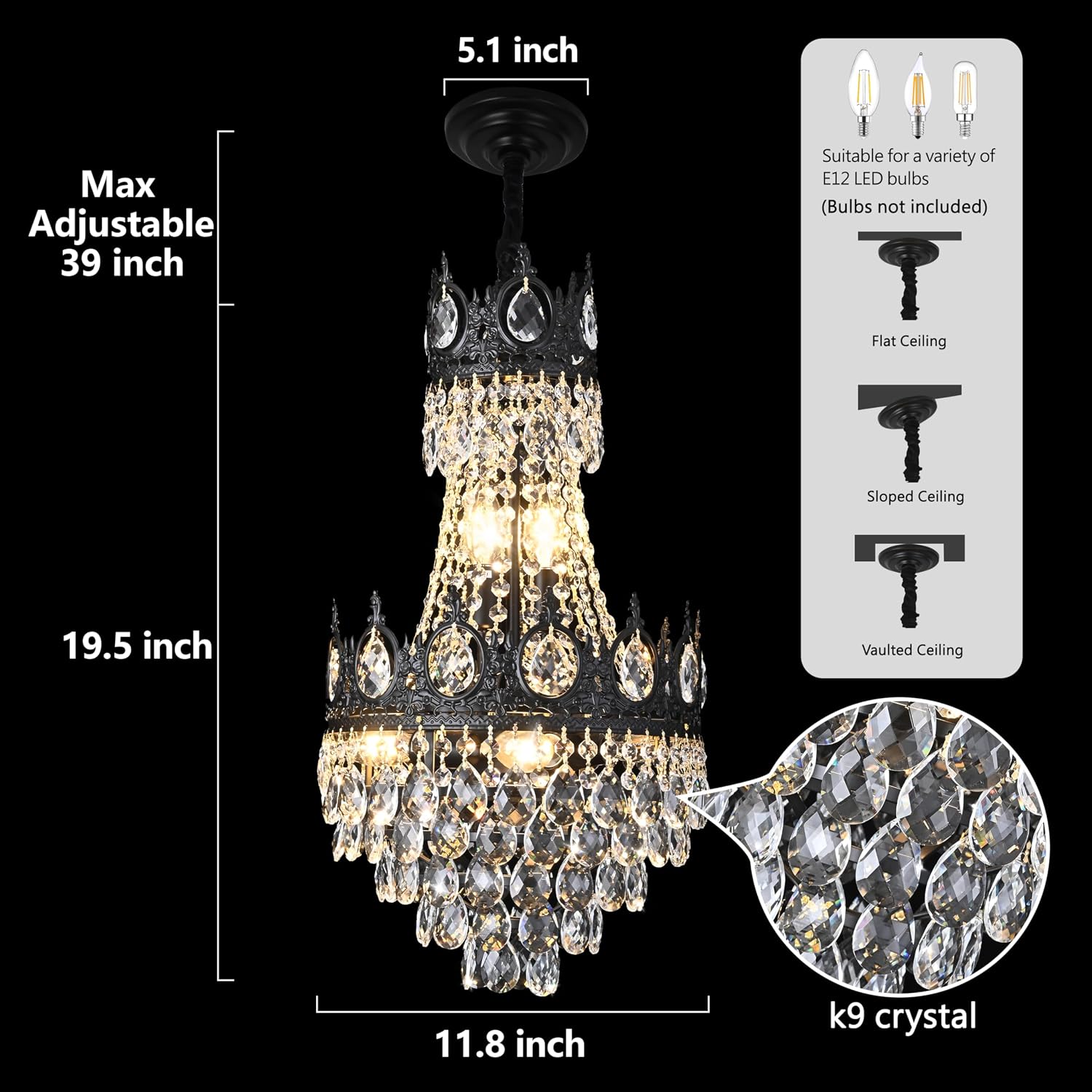 KoKo&Yukina Chandelier, 12'' Black French Empire Light Fixture, 6-Light K9 Crystal, Adjustable Hanging, for Hallway Entryway Kitchen Foyer