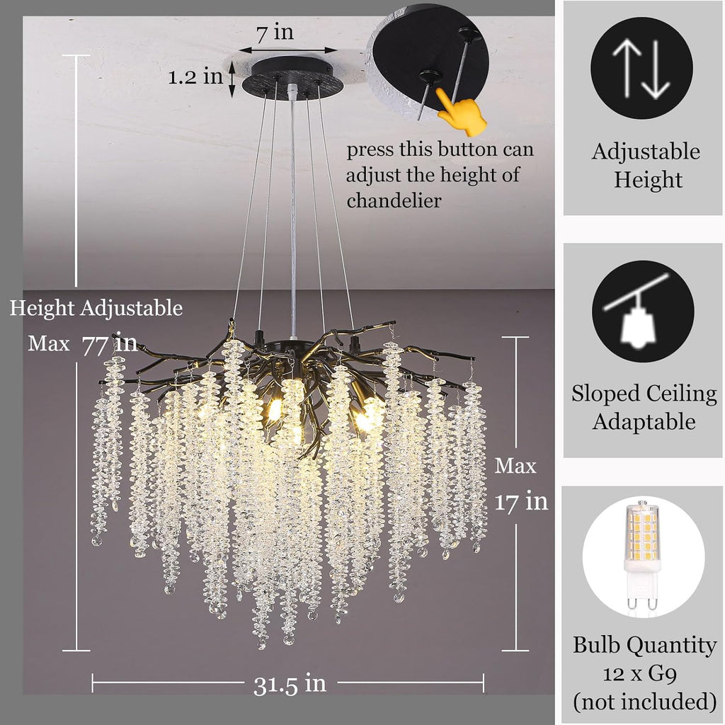 Modern Crystal Tree Branch Chandelier, D31.5'' Black Round Raindrop Indoor Hanging Branch Chandelier Fixture for Dining Room Living Room Bedroom 12 Lights