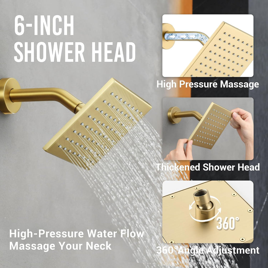 Thermostatic Dual Shower Heads System with Wall Mount 12-Inch Rainfall Shower & 6-Inch Shower Head, Brushed Gold Bathroom Shower Faucet Set with High Pressure Handheld Sprayer