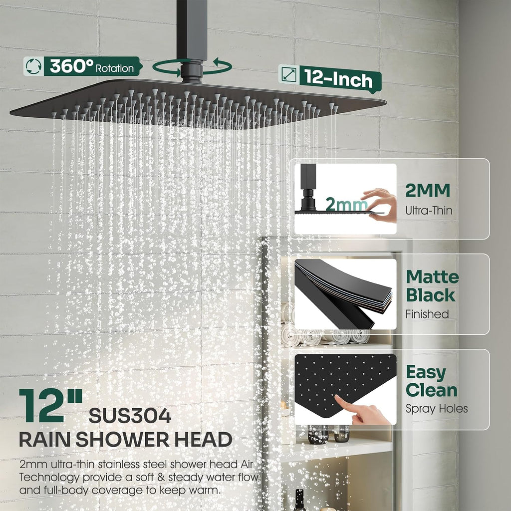 Ceiling Mount Shower System, Black Shower Faucet Set with 12-Inch Rain Showerhead and Handheld Spray Combo, High-Pressure Showerheads Set with Valve and Trim Kit, Matte Black