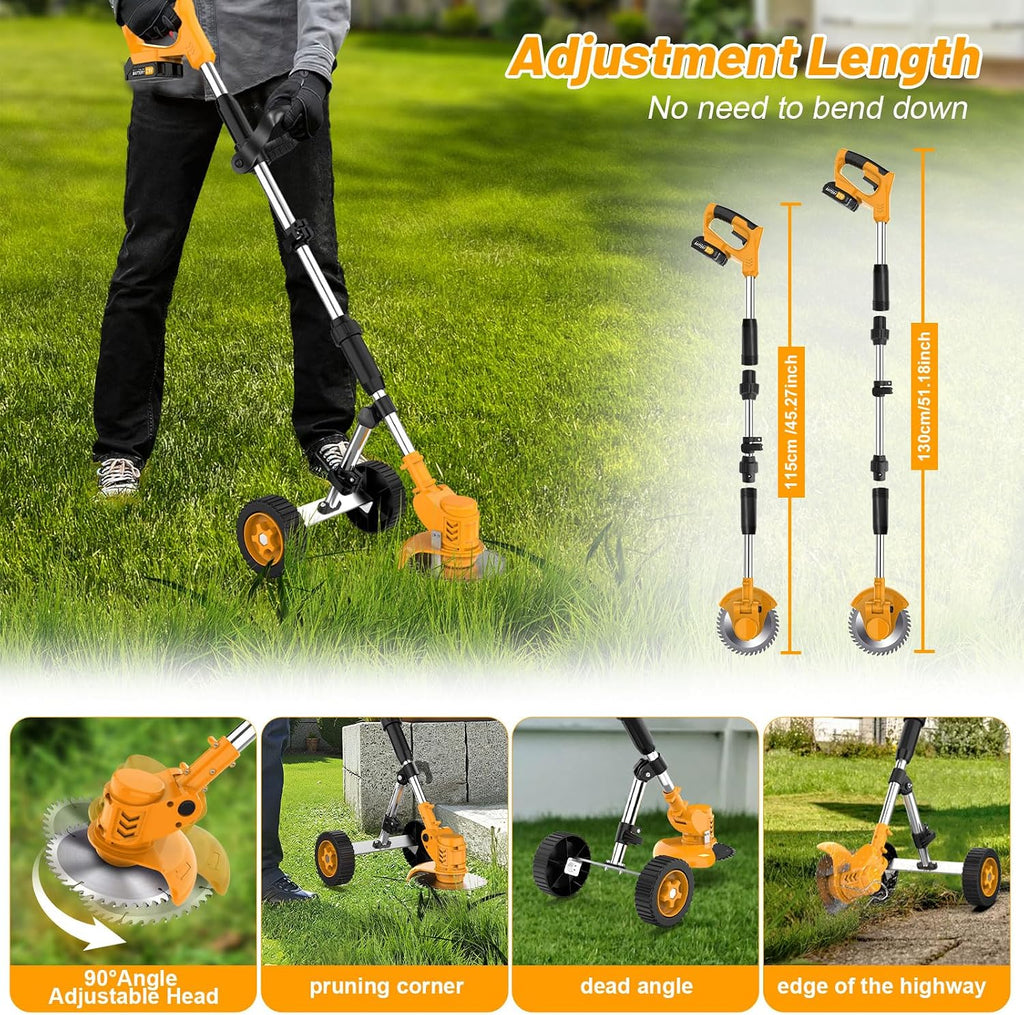 20000 RPM Electric Weed Wacker Cordless Weed Eater Battery Powered 21V, 4-in-1 Brush Cutter/String Trimmer/Grass Trimmer/Lawn Mower, 6″ Edger Stringless Weed Trimmer with Wheel & Blade,2 Battery