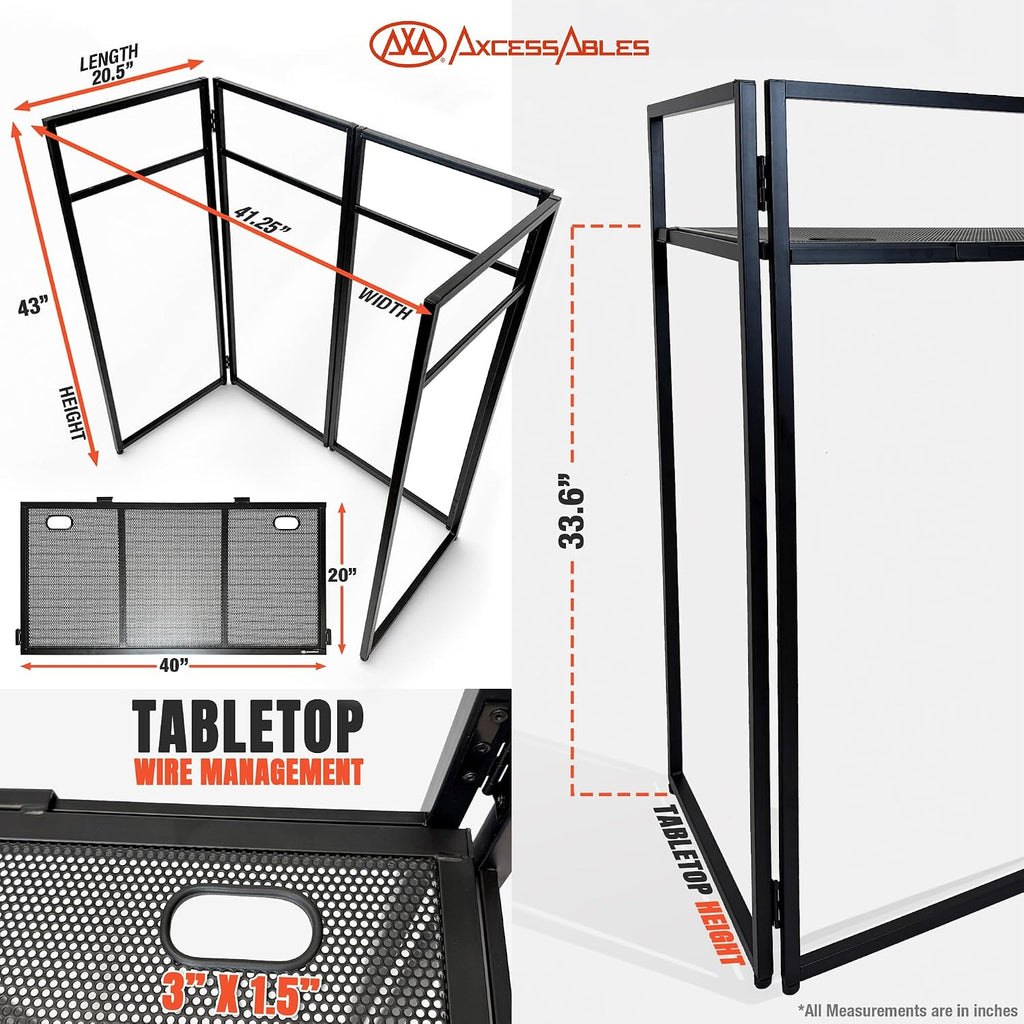 AxcessAbles Portable DJ Facade Booth with Carry Case – 40' x 20' Tabletop, Steel Frame, and Black & White Scrims | White DJ Table | Event Booth (ES-01XBW)