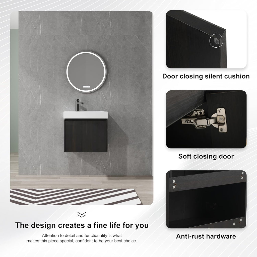 24 Inch Floating Bathroom Vanity,Bathroom Vanity with Sink,Small Bathroom Sink Cabinet with Ceramic Basin,Solid Wood Frame,Black Floating Vanity Bathroom,Wall Mounted Modern Vanity