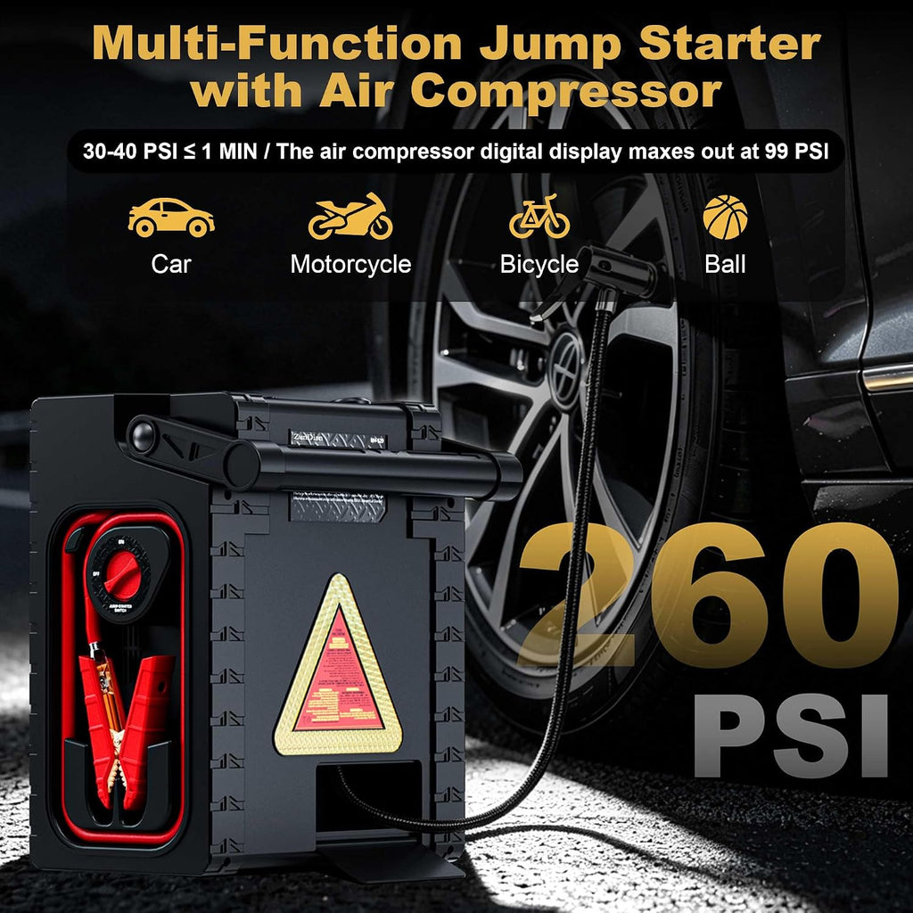 2000A Car Battery Jump Starter with Air Compressor 12V Battery Jumper Box Car Start Booster Up to 10L Gas/8L Diesel Engines with 400W AC Inverter, LED Light