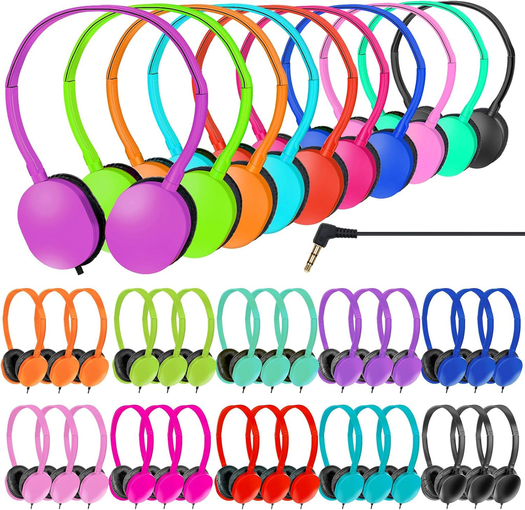 Headphones Bulk 100 Pack for School Classroom Student Computer Earphones Class Set of Headphones for Students Online Lesson and Testing (10 Colors)