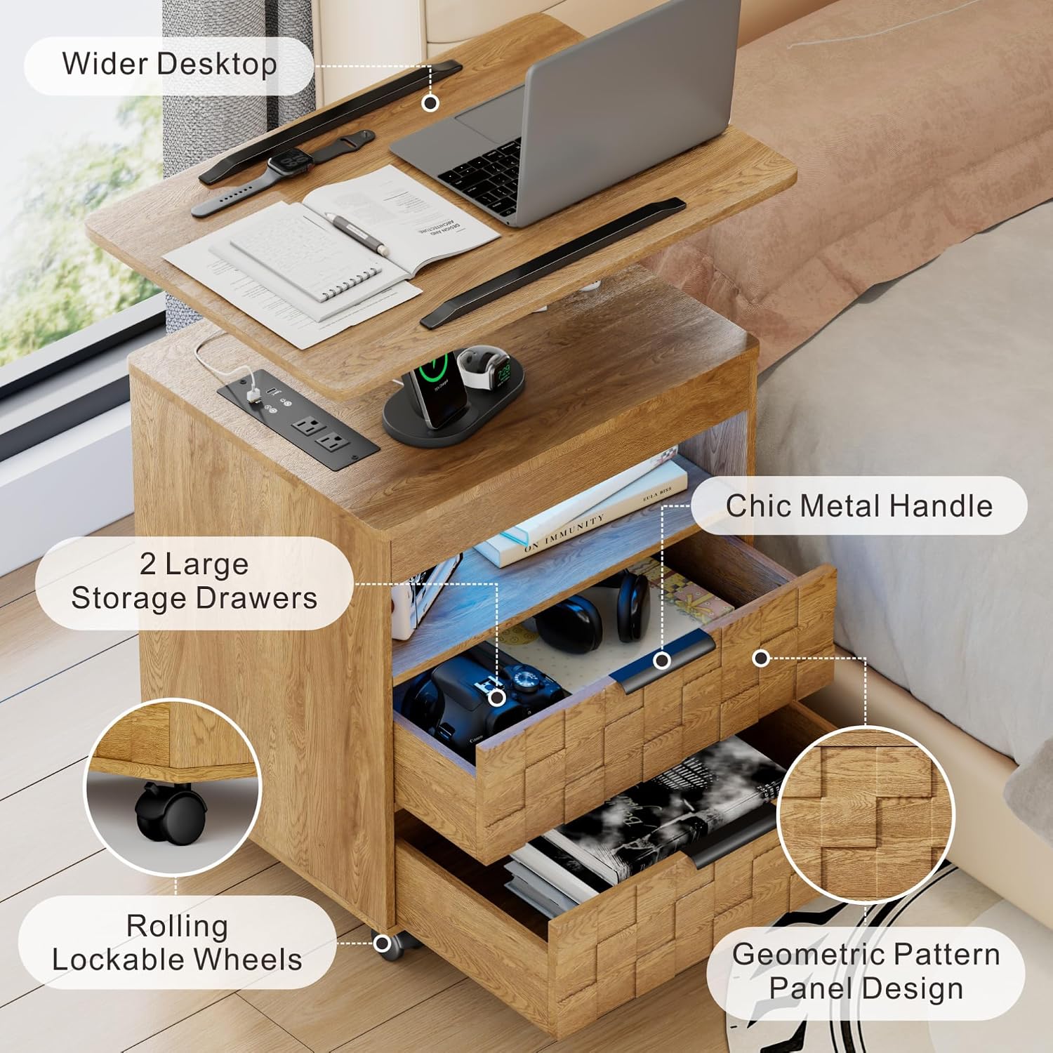 Lareth Height Adjustable Nightstand with Charging Station, LED Bedside Table 2 Drawers, Smart Wooden End Table Dorm Rolling Side Table Laptop Workstaion with Wheels for Bedroom, Natural