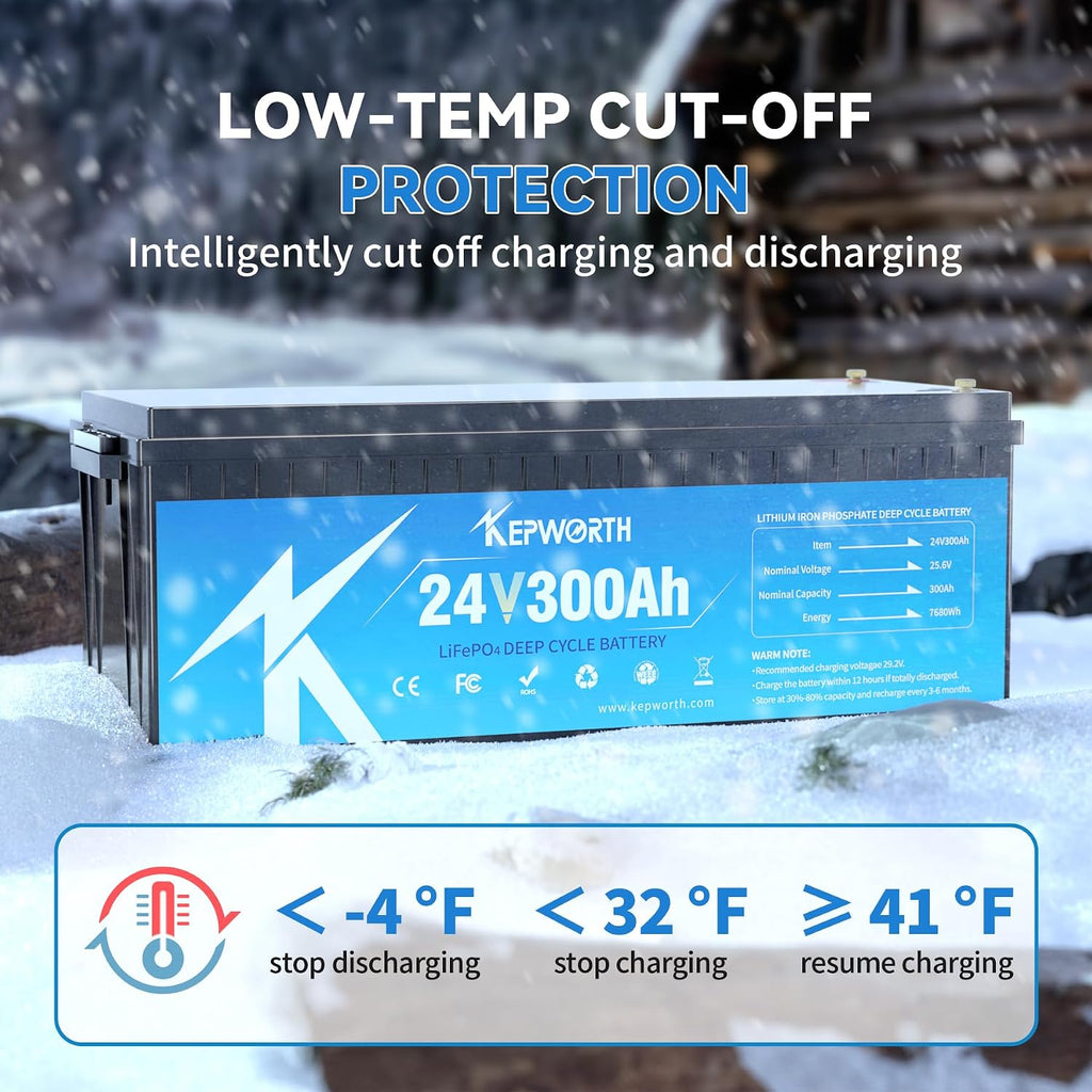 KEPWORTH 24V Lithium Battery 300Ah, Rechargeable Deep Cycle LiFePO4 Batteries, 200A BMS, Low Temp Protection, for Solar, Boat, RV, Backups, Motorhome, Offgrid Life