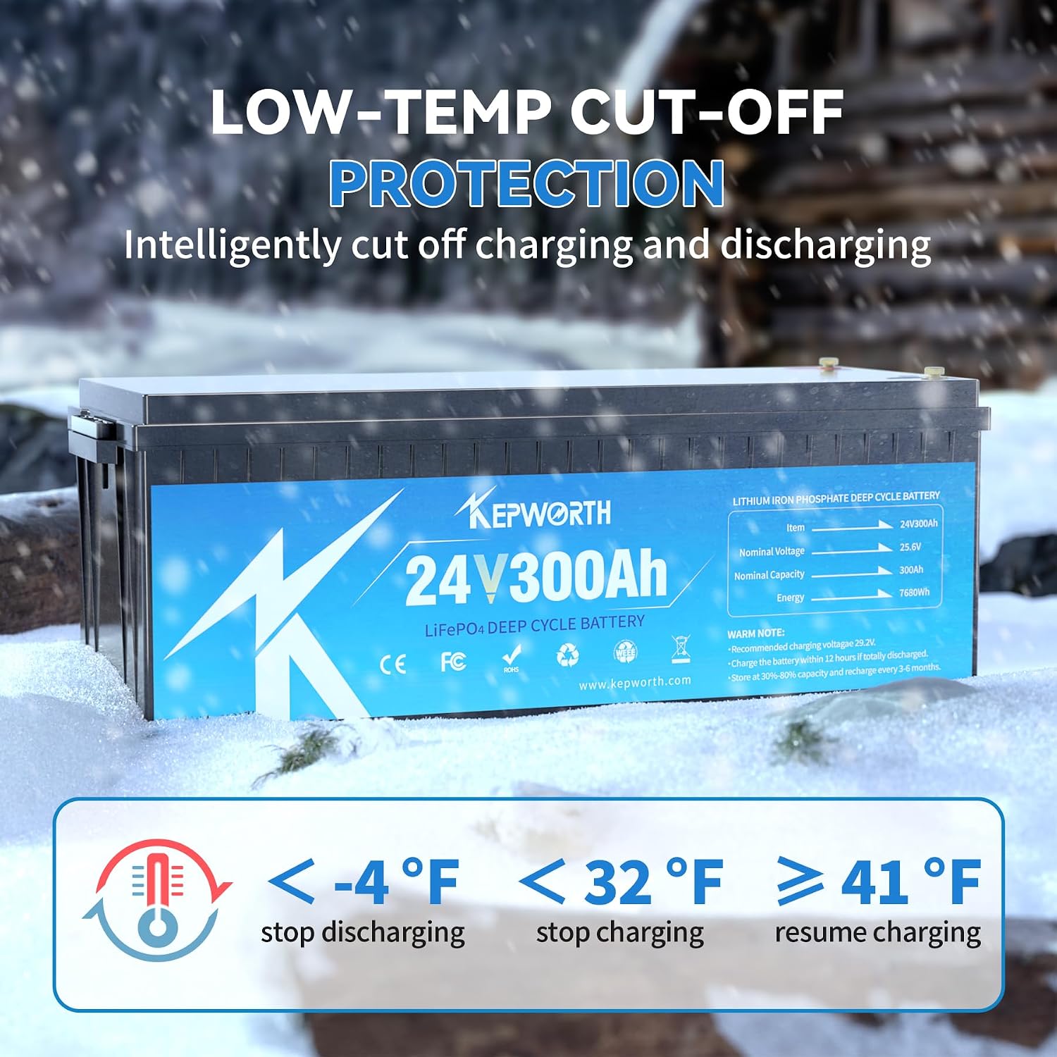 KEPWORTH 24V Lithium Battery 300Ah, Rechargeable Deep Cycle LiFePO4 Batteries, 200A BMS, Low Temp Protection, for Solar, Boat, RV, Backups, Motorhome, Offgrid Life