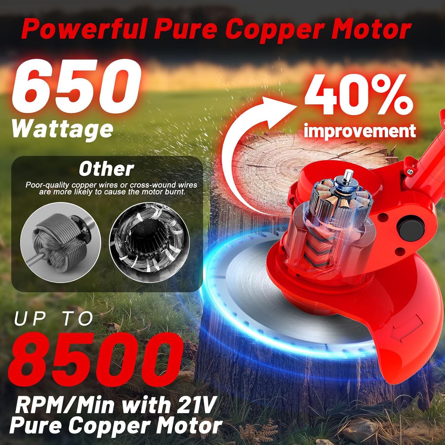 Electric Weed Wacker Cordless Weed Eater Battery Powered 21V, 4-in-1 Brush Cutter/String Trimmer/Grass Trimmer/Lawn Mower, 6 inch Edger Stringless Weed Trimmer with Wheel & Blade, 2 Battery(Red)