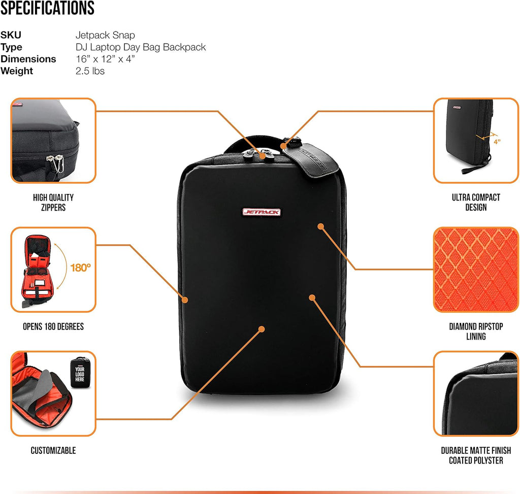 JetPack Snap Backpack for Non DVS, Club DJ Gig Set up, This Bag Protect Carry Mac, Laptop, Stand, Headphone, USB Mobile Devices, Cables, Microphone. Travel Friendly, Ultra Slim Design