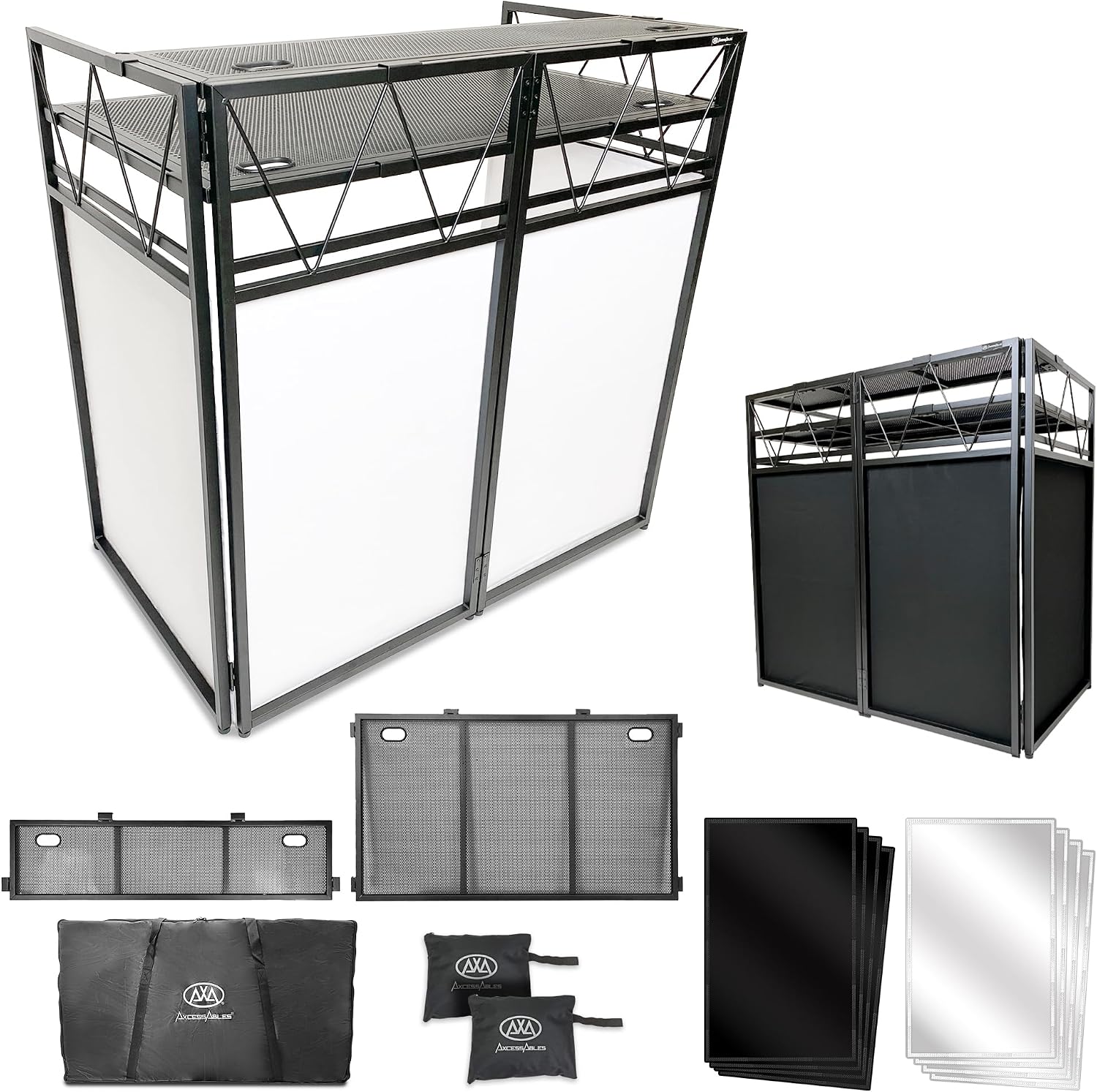AxcessAbles Two-Tier Portable DJ Booth | Large DJ Table Stand w/ 43'x25' Desk Surface | 2 Ergonomic Table Heights | Black & White Facades, Carry Cases | DJ Laptop Controller Stand