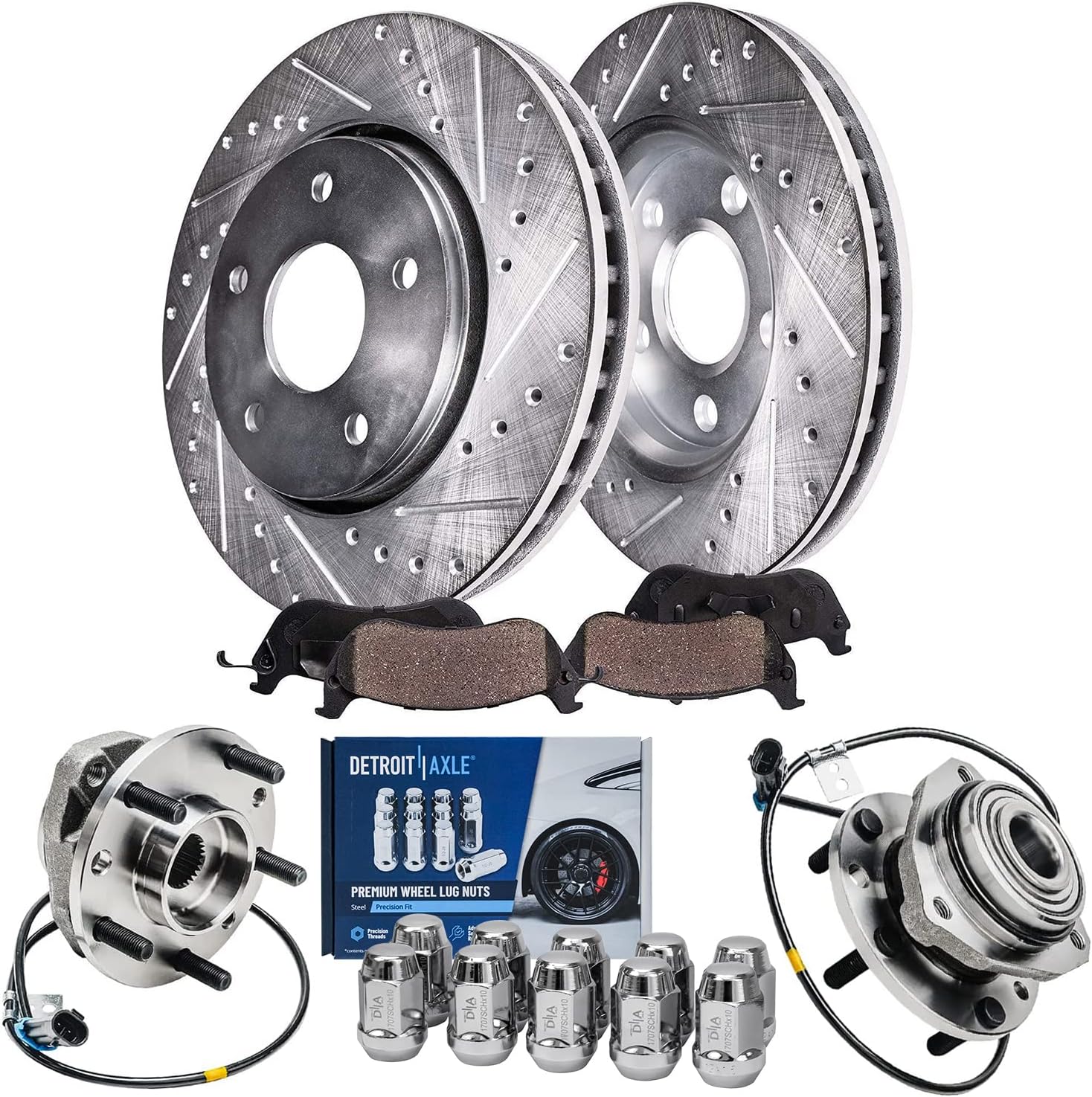 Detroit Axle - Front Drilled Rotors Brake Pads Wheel Hub Bearings w/ 10pc Lug Nuts Replacement for Chevrolet Blazer S10 Oldsmobile Bravada GMC Jimmy Isuzu Sonoma Hombre - 16pc Set