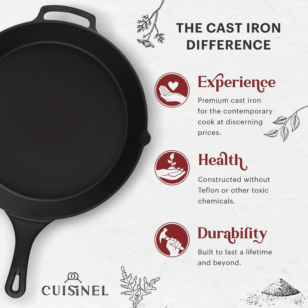 Cuisinel Cast Iron Skillet with Glass Lid Cover - Large 15'-inch Frying Pan + Scraper + Silicone Handle Grip - Pre-seasoned Kitchen Cookware - Indoor/Outdoor - Camping, Grilling, BBQ, Oven Use