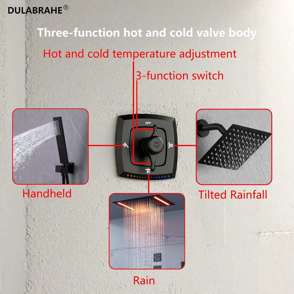 14 X 20 Inch Ceiling LED Rain Shower Head, Dual Rainfall Smart Shower System Set With 8 Inch Wall Head For Two People (Matte Black)