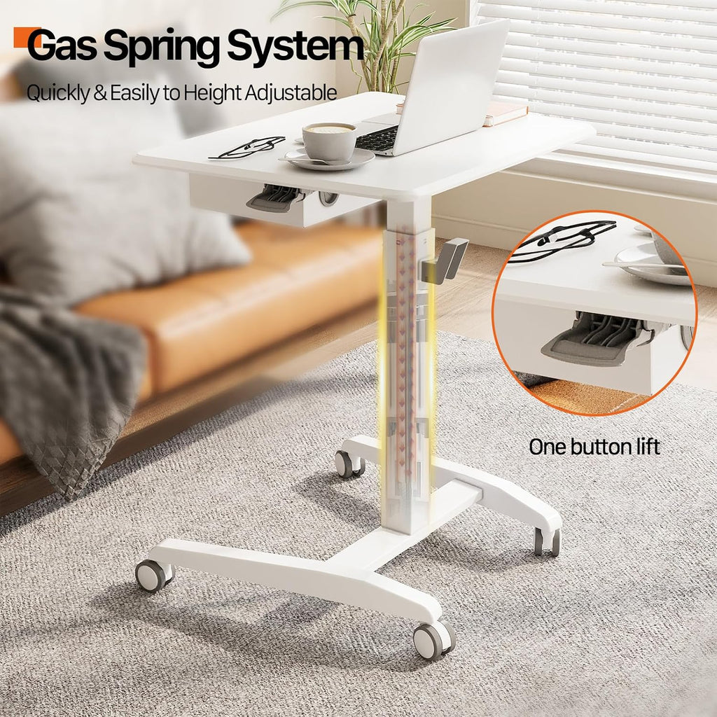 JOY Worker Mobile Standing Desk With Storage Drawer, Pneumatic Height Adjustable Laptop Workstation, White Rolling With Wheels for Home Office Classroom