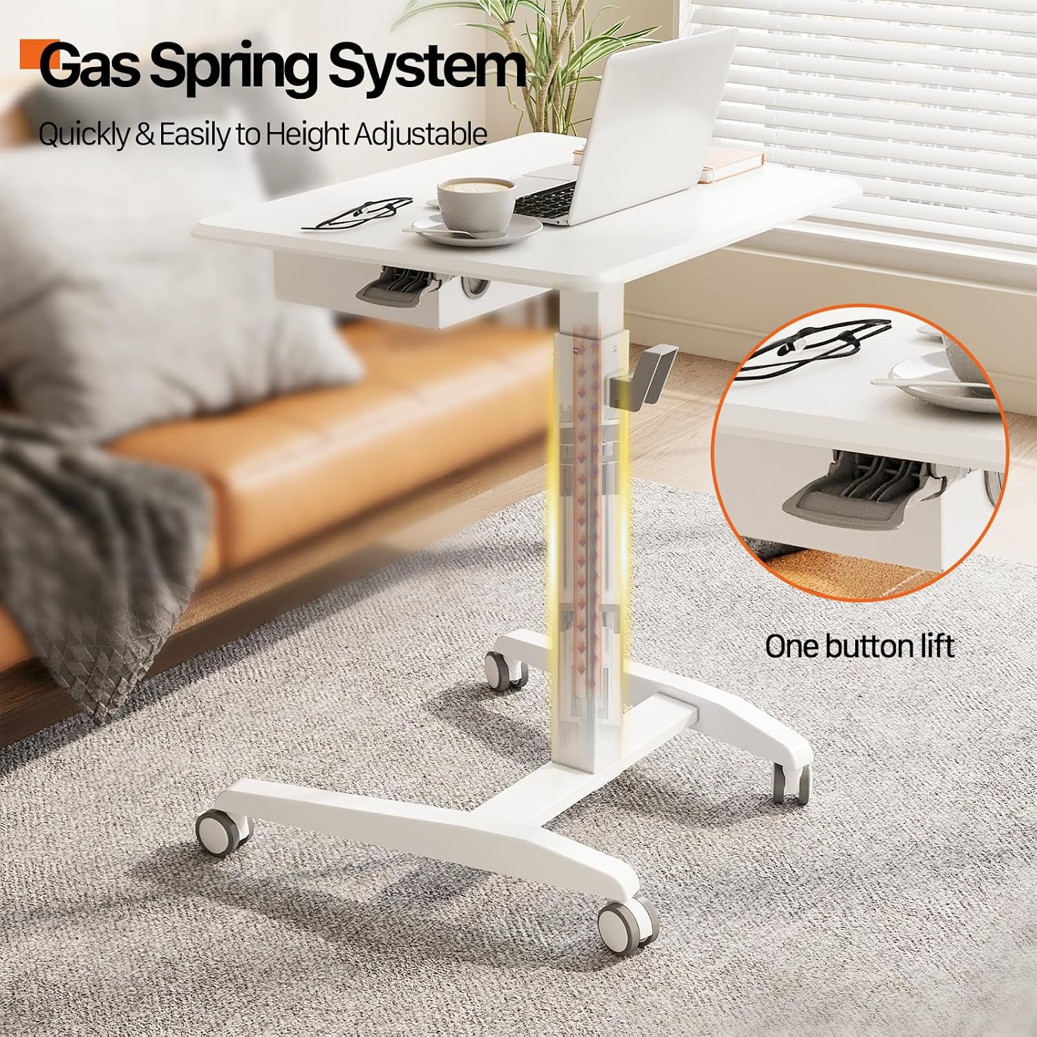 JOY Worker Mobile Standing Desk With Storage Drawer, Pneumatic Height Adjustable Laptop Workstation, White Rolling With Wheels for Home Office Classroom