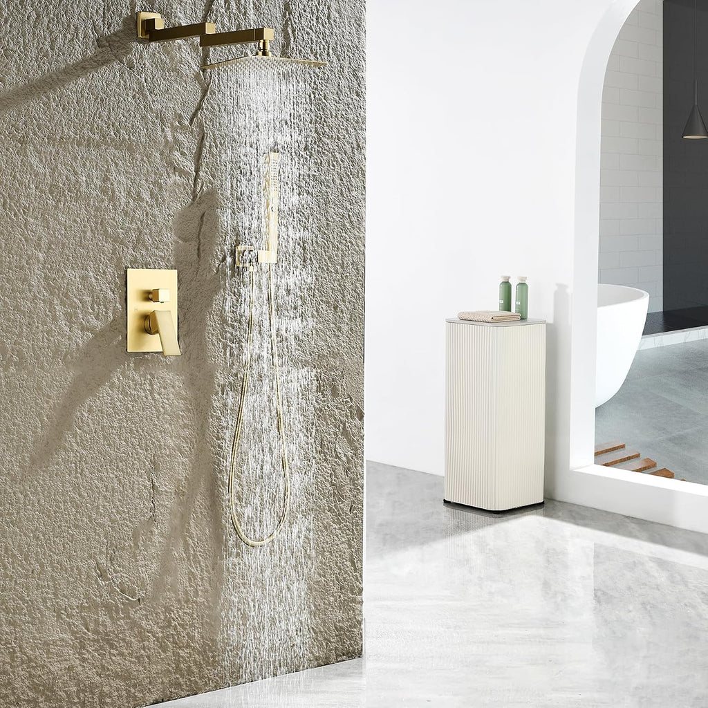 Brushed Gold Shower System with Rain Shower Heads with Handheld Spray Combo, Gold Shower Faucet Set with Rain Shower and Handheld, Gold Shower Head and Handle Set(Shower Valve Kit Included)