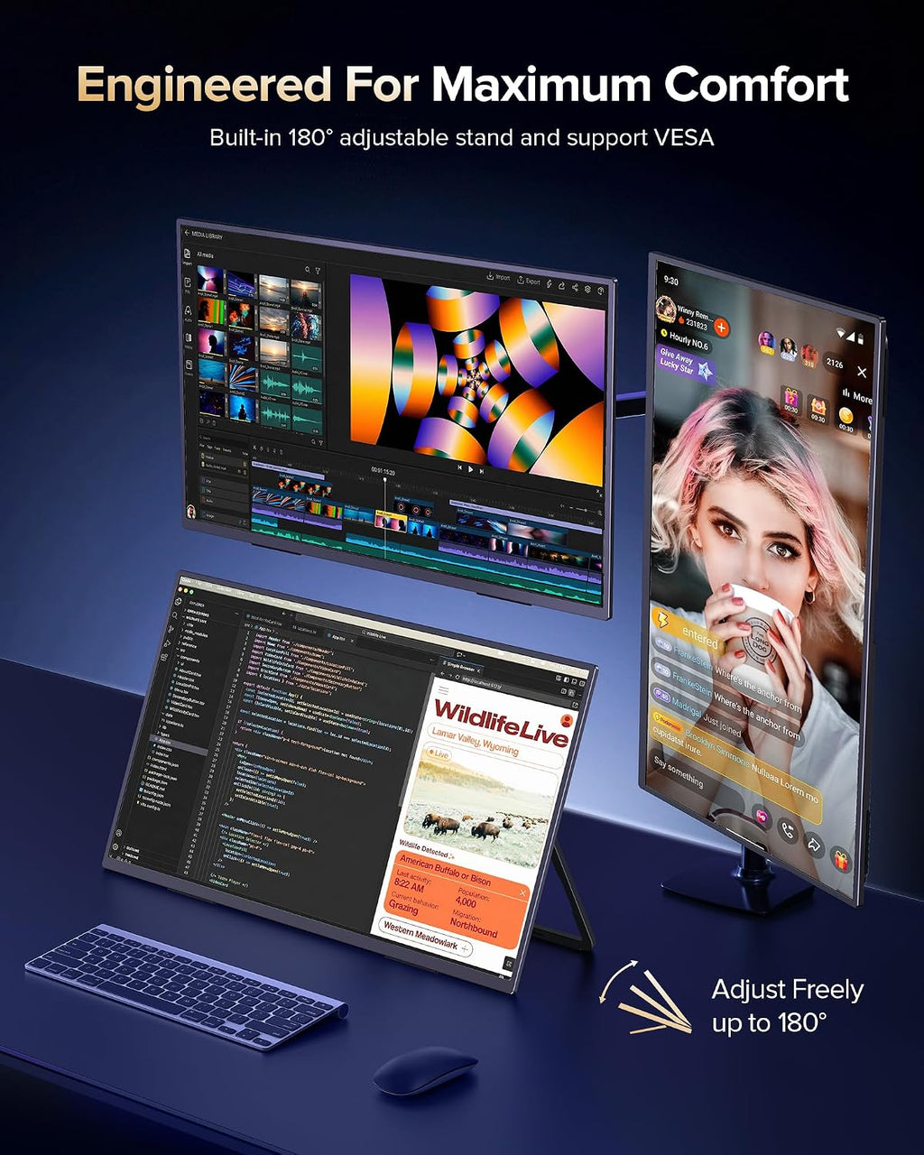 23.8'' QLED Portable Monitor 144Hz Gaming Monitor, 145%sRGB | 2000:1 | FreeSync Built-in Adjustable Stand, Speaker and VESA, USB-C HDMI Large Second Screen for Laptop, Mac-book, PC, Game Console
