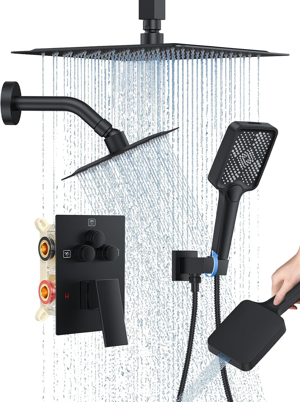 Woindo Shower Faucet Set, 10' Ceiling Mount Rainfall Shower System with 2 Rain Shower Head and Multi-function Handheld Head Push Button Diverter Shower Faucet Trim Kit